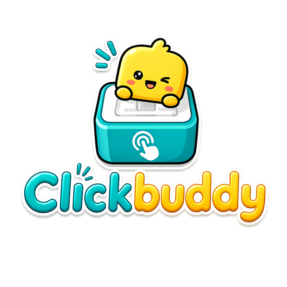 A cartoon-style logo featuring a yellow winking character sitting on a teal button above the word 'Clickbuddy' in teal and yellow bubble letters on a white background.