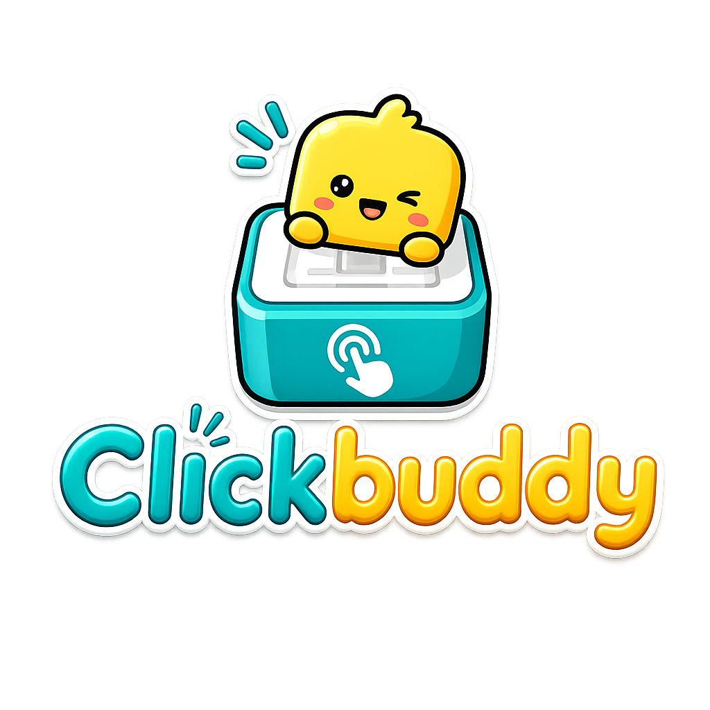 A cartoon-style logo featuring a yellow winking character sitting on a teal button above the word 'Clickbuddy' in teal and yellow bubble letters on a white background.